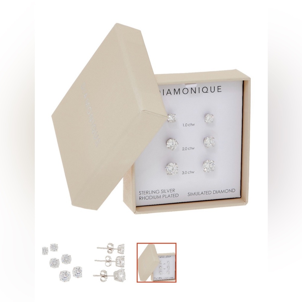 SET OF 3 Diamonique Silver Stud Earrings - NWT - Picture 4 of 7